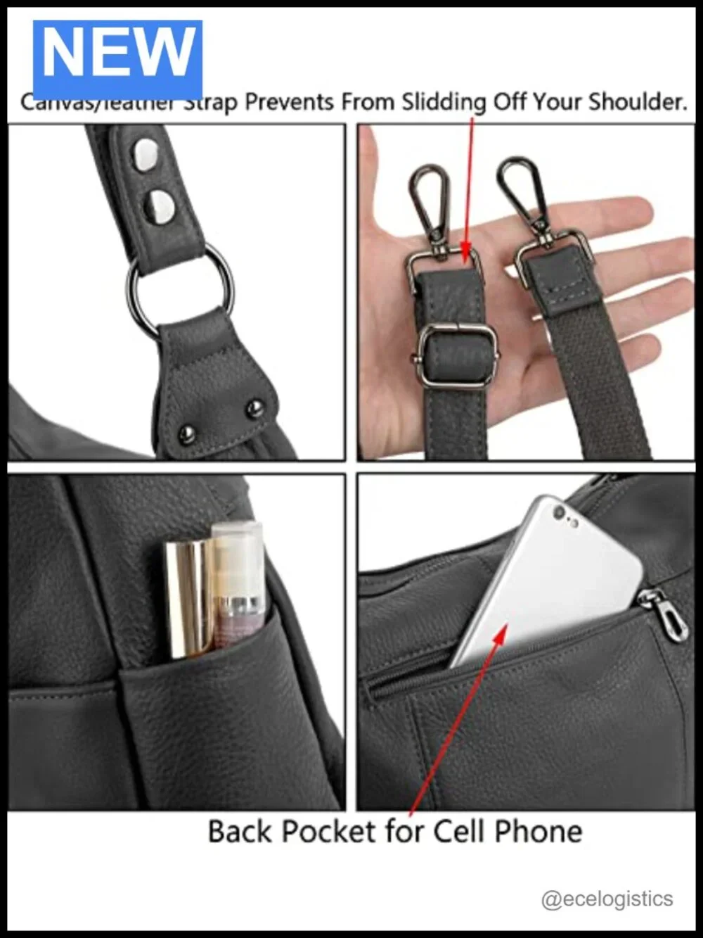 Genuine Leather Hobo Shoulder Bag with 2 Compartments & Pockets